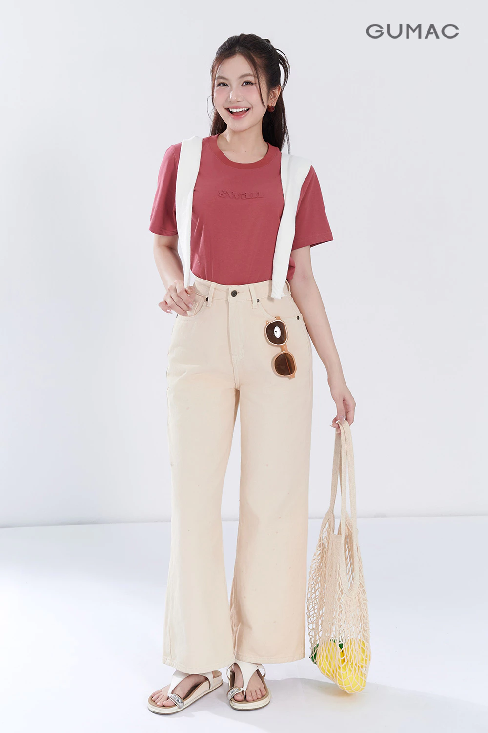 Quần Jeans Nữ GUMAC Suông Màu Be Denim Mềm Dày Dặn Thoáng Mát Thoải Mái LQJG06096