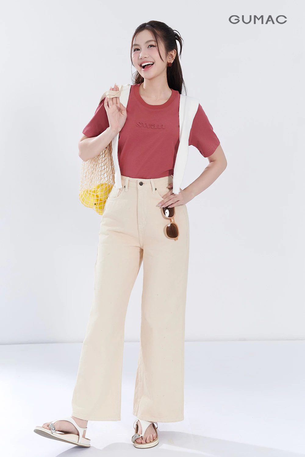 Quần Jeans Nữ GUMAC Suông Màu Be Denim Mềm Dày Dặn Thoáng Mát Thoải Mái LQJG06096