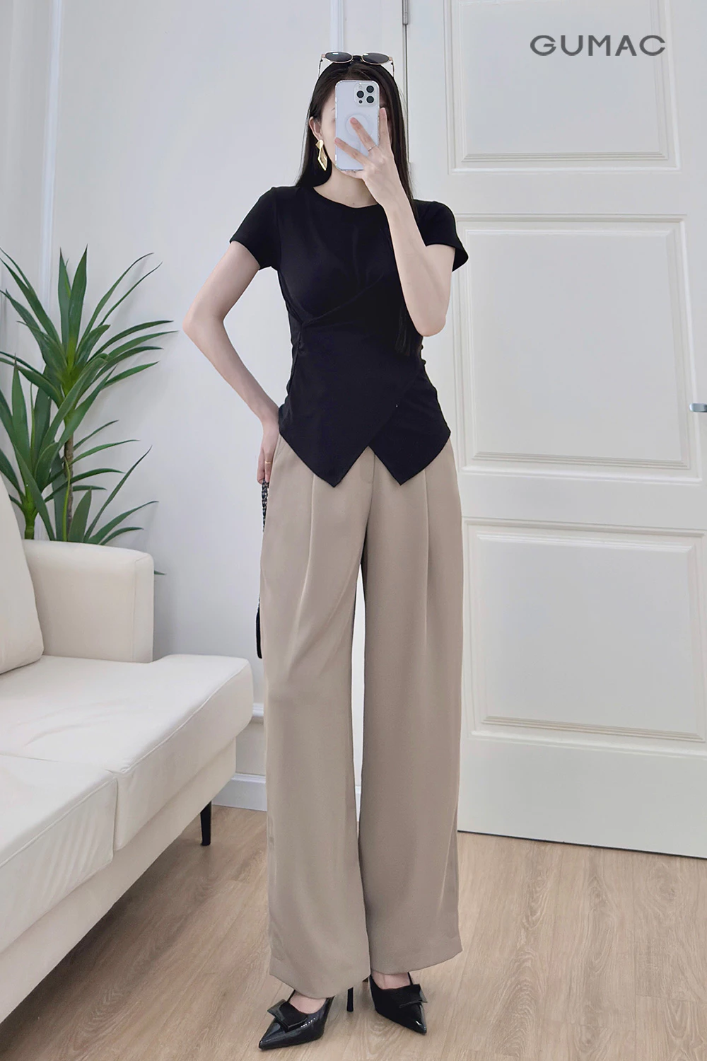 Áo Thun Kiểu Nữ GUMAC Áo Thun Gân Cổ Tròn Đắp Chéo Vạt V Tôn Dáng Co Giãn Nhiều LATF0521