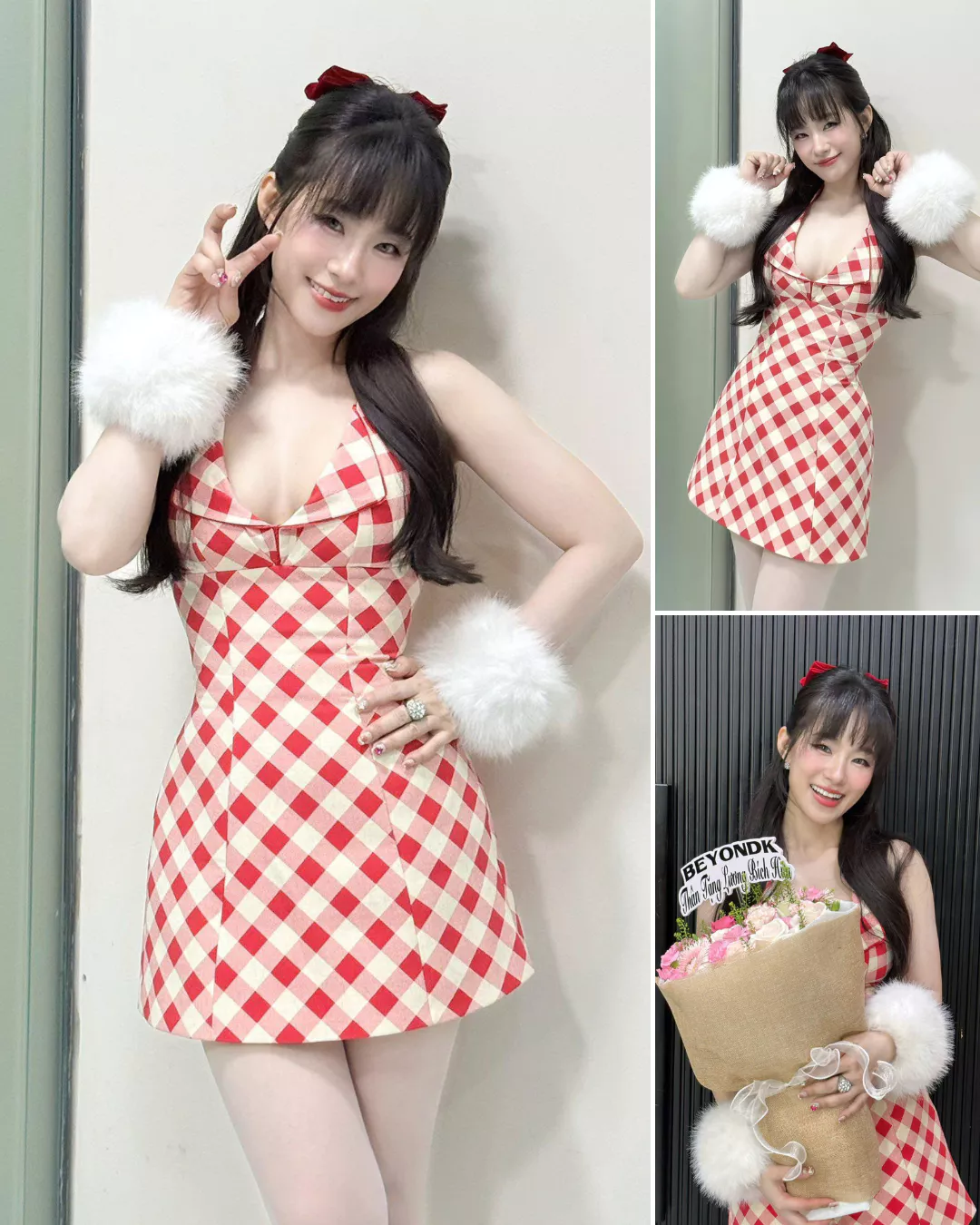 LSOUL - Gunbou Dress Đầm Chữ A Cổ Yếm Họa Tiết Caro Đỏ Cut Out Quyến Rũ V25071679