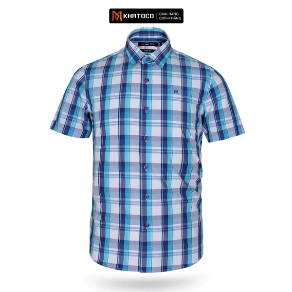 Áo sơ mi nam KHATOCO tay ngắn form Slim Fit caro xanh mã A1MN468S1-CNCR224-2411-N