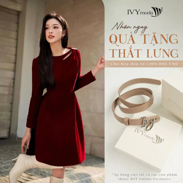 Đầm nhung đỏ dáng A xếp lệch vai độc đáo, Đầm dạo phố nữ IVY moda MS 48T0291